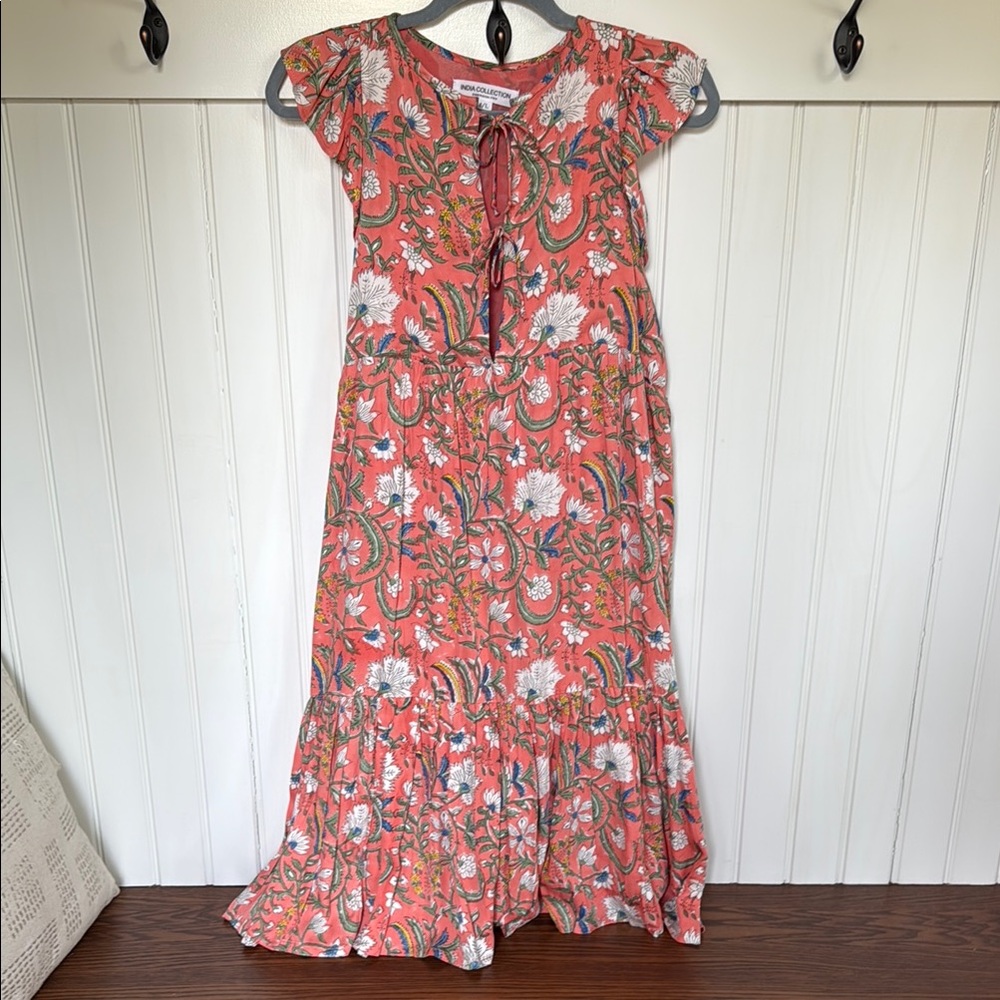 Emerson Fry Orange and Pink Ruffled Maxi Sundress
